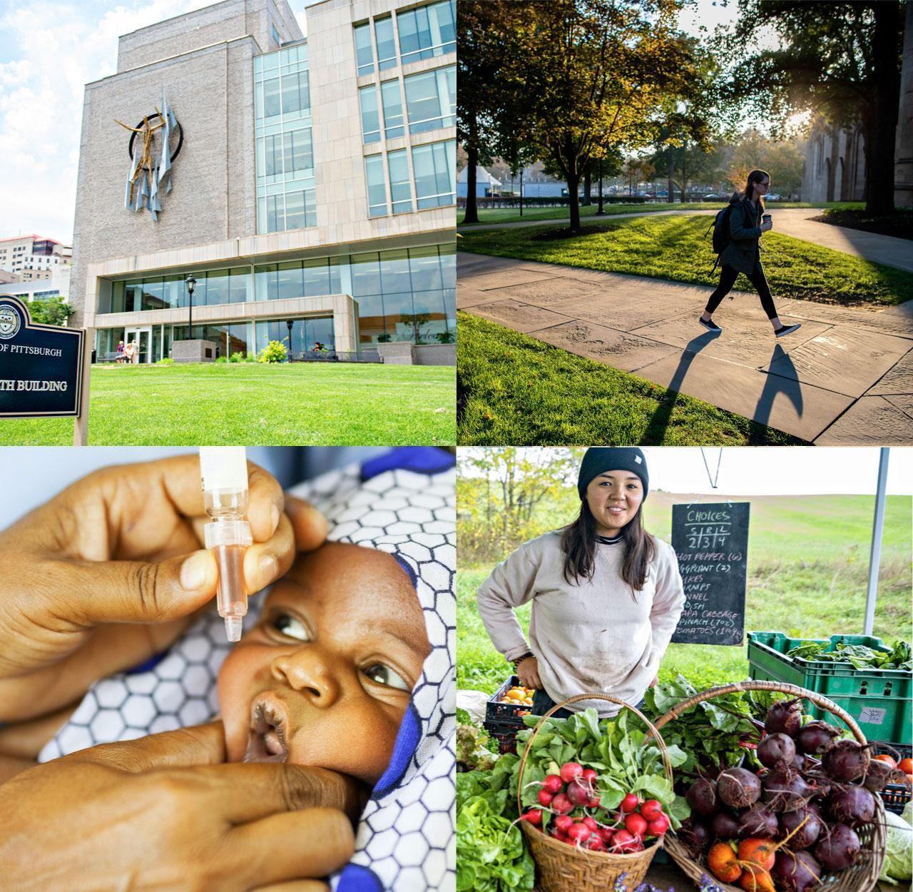 building, walking on campus, inoculating baby, farmer's market