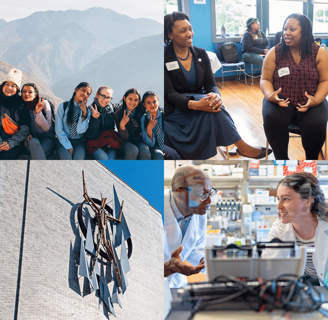 two people working in lab; building facade; researcher abroad with community members; faculty in community symposium