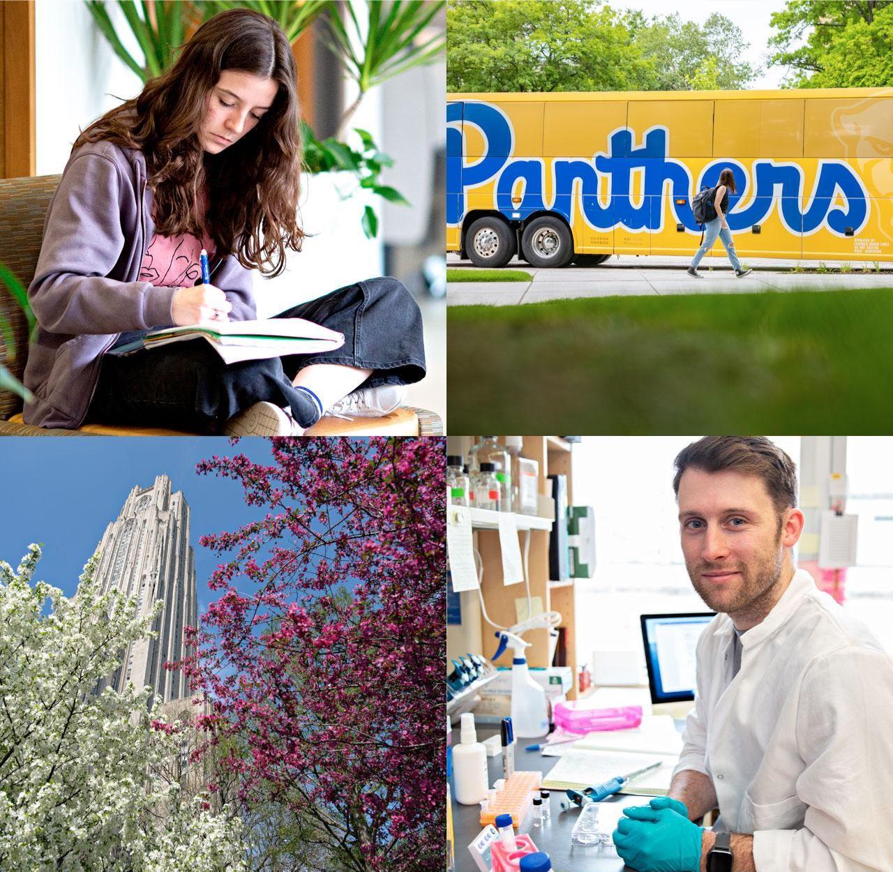 panthers bus, student in lab, cathedral of learning, student studying