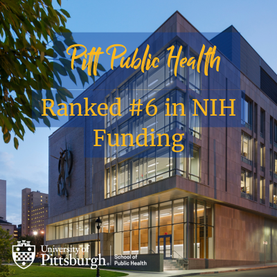 Pitt Public Health building and text saying ranked #6 in NIH Funding