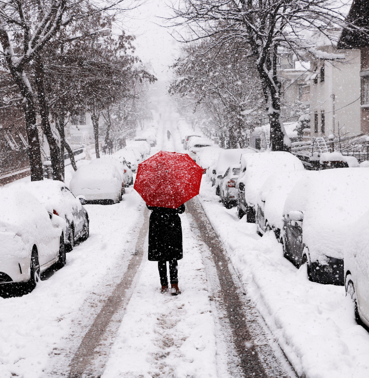 walking down a snowy road with an umbrella